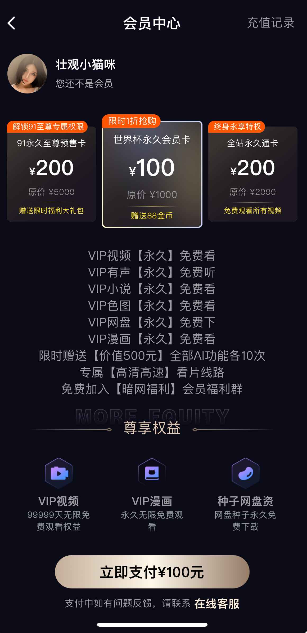 91PORNAPP会员中心VIP权益界面